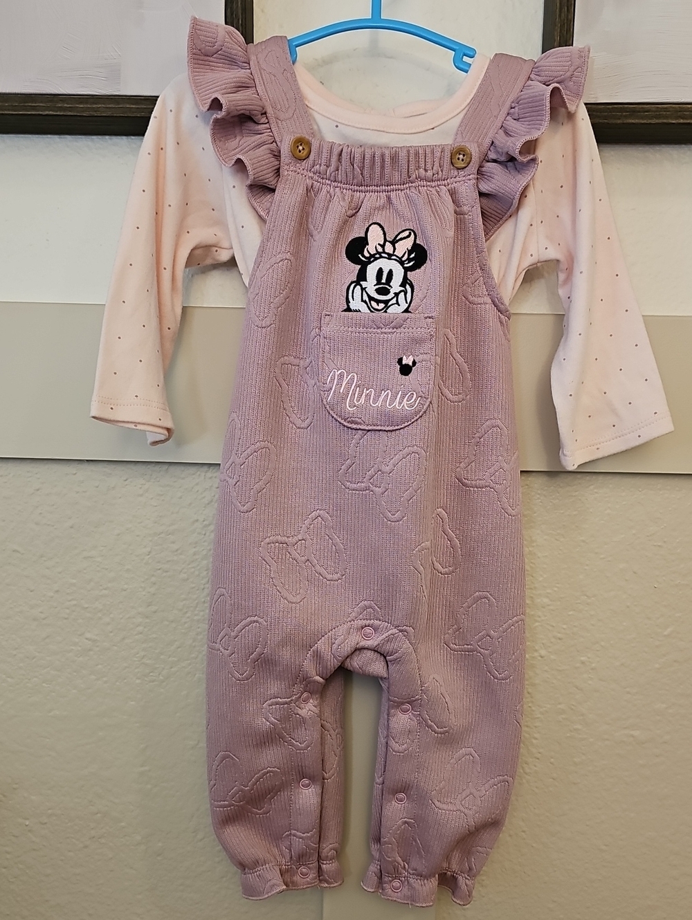 Disney Lavender Minnie Overalls with Pink long Sleeve Shirt 6-9m
